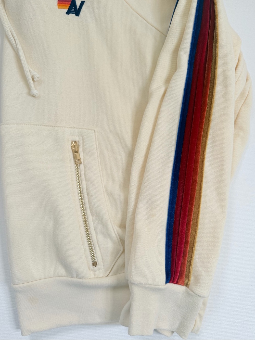 Aviator Nation Cream Hoodie with velvet Stripe Sleeve - RARE 🌈 MEDIUM - Picture 7 of 16